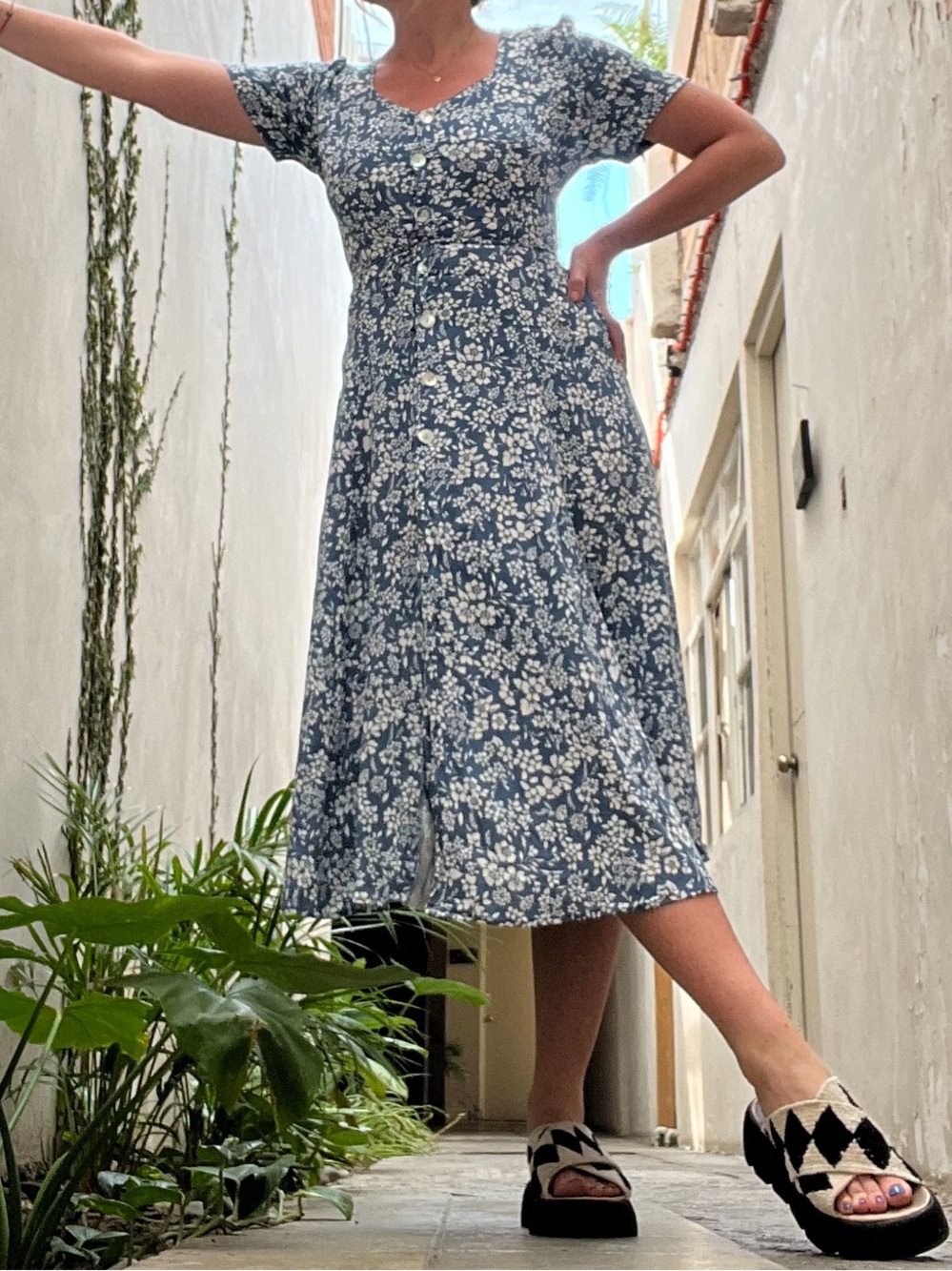 Blue Floral Button-Front Women’s Midi Dress